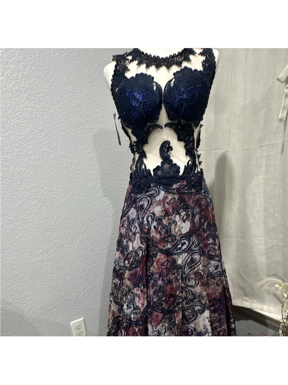 Navy Lace Appliqué Prom Dress with Printed Skirt